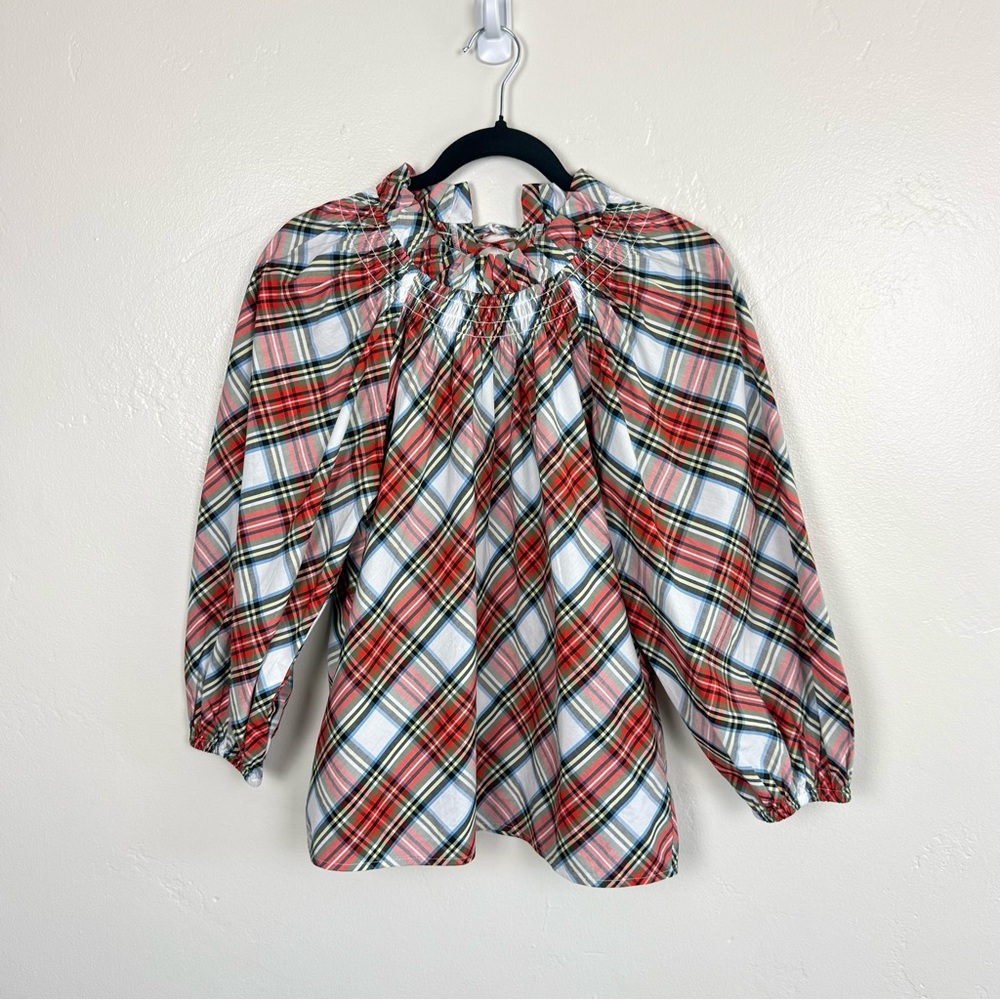 J.Crew Plaid Peasant Blouse Cotton Smocked Tie Neck Preppy Cottagecore